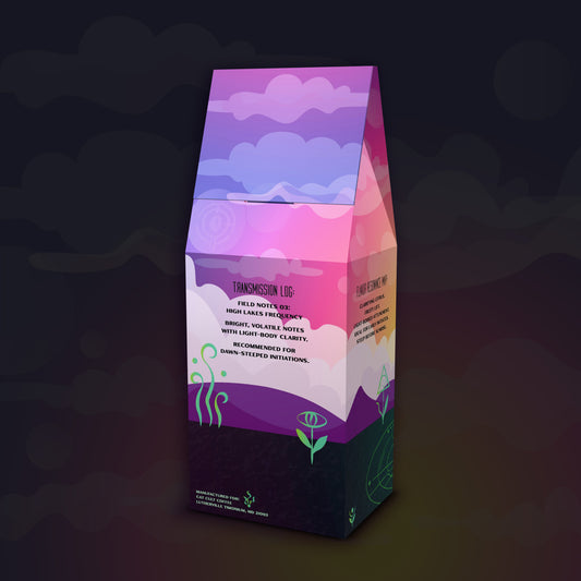 Back angled view of The Awakening light roast coffee packaging with bright artwork and blend details.