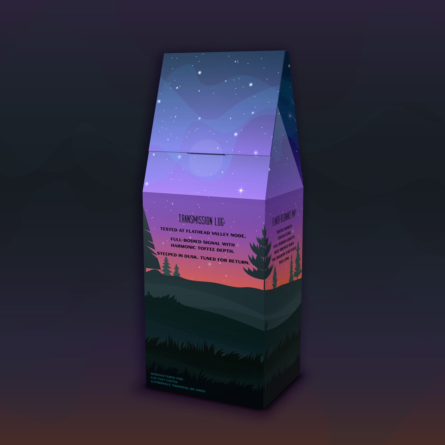 Back angled view of Dark Arrival dark roast coffee packaging with night landscape artwork and blend details.