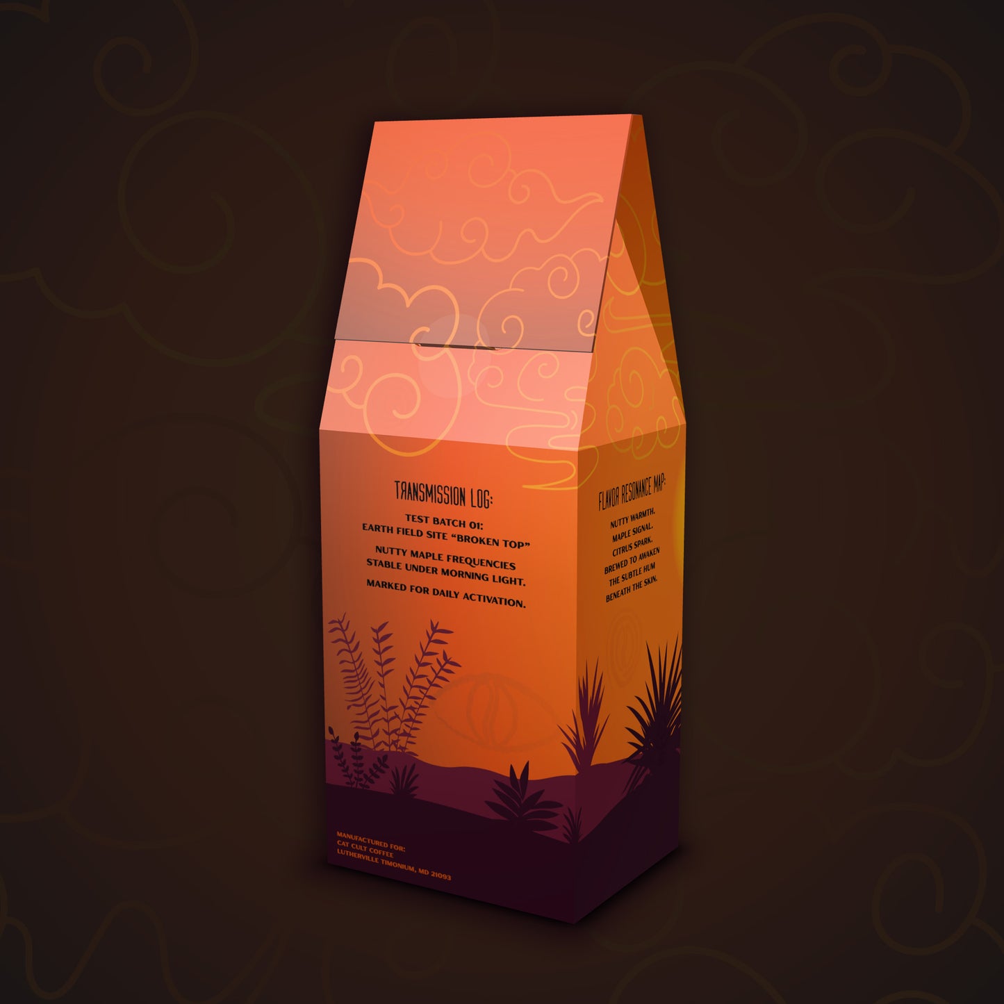 Back angled view of Morning Ritual medium roast coffee packaging with orange sunrise artwork and blend details.