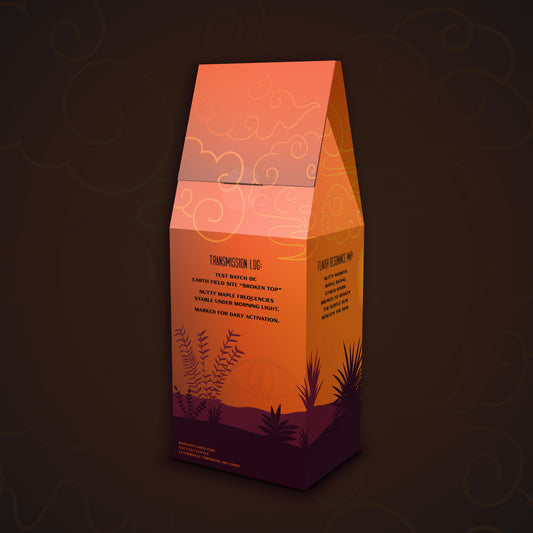 Back angled view of Morning Ritual medium roast coffee packaging with orange sunrise artwork and blend details.