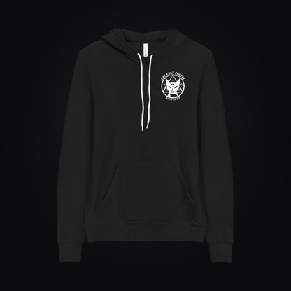 Black unisex pullover hoodie featuring the Cat Cult Coffee Classic Mark logo on chest, midweight fleece.