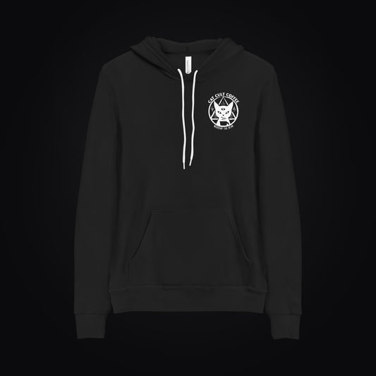 Black unisex pullover hoodie featuring the Cat Cult Coffee Classic Mark logo on chest, midweight fleece.
