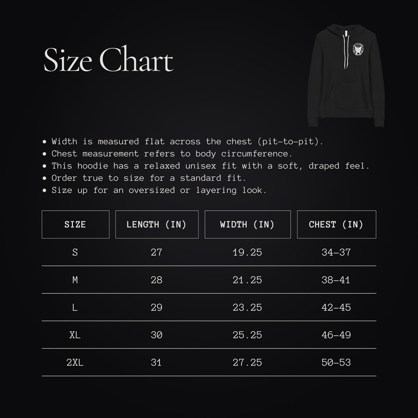 Size chart for Cat Cult Coffee Classic Mark hoodie with measurements in inches for length, width, and chest.