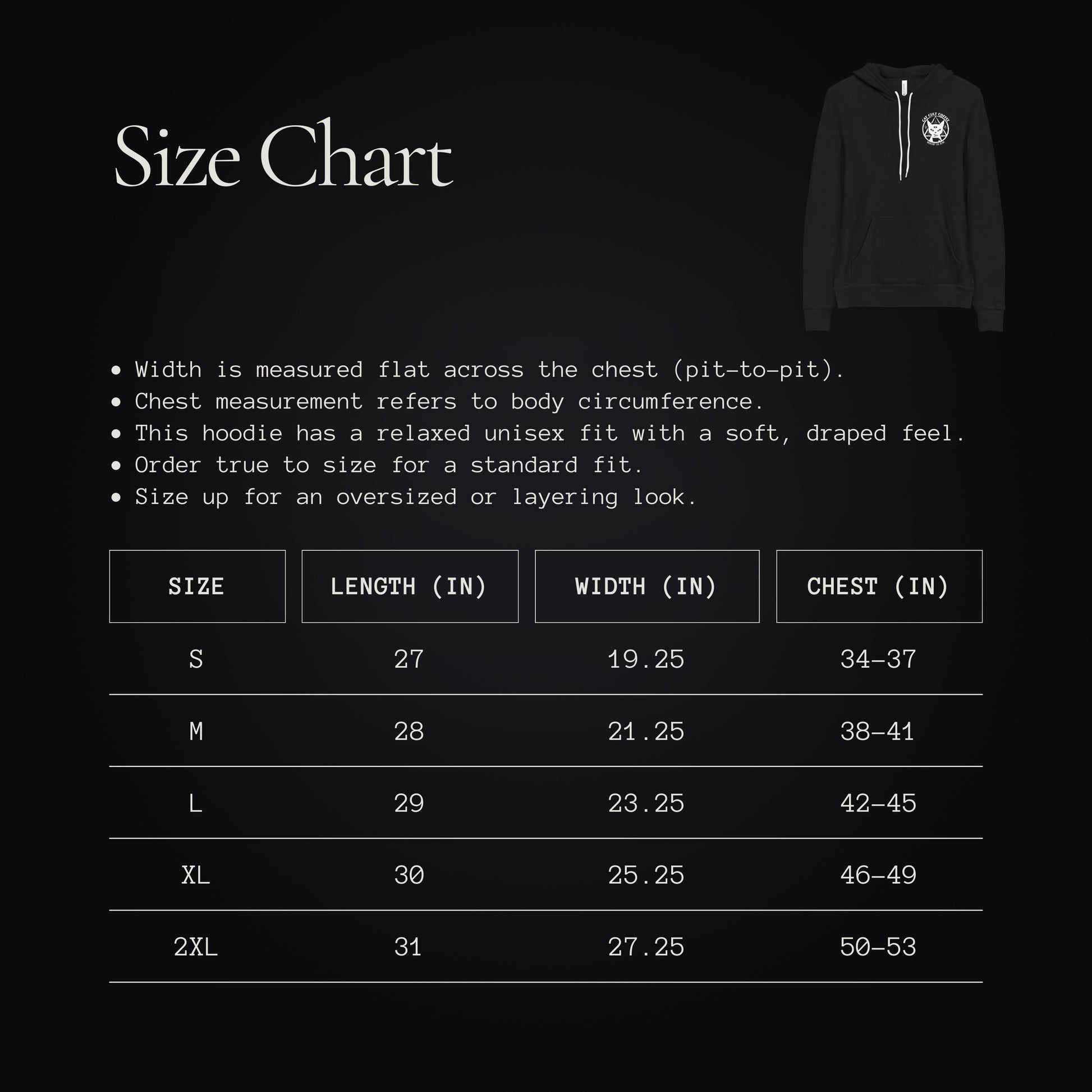 Size chart for Cat Cult Coffee Classic Mark hoodie with measurements in inches for length, width, and chest.