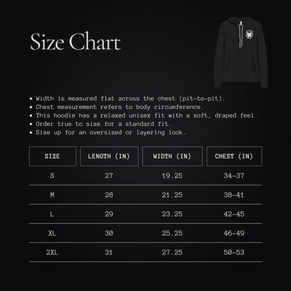 Size chart for Cat Cult Coffee Classic Mark hoodie with measurements in inches for length, width, and chest.