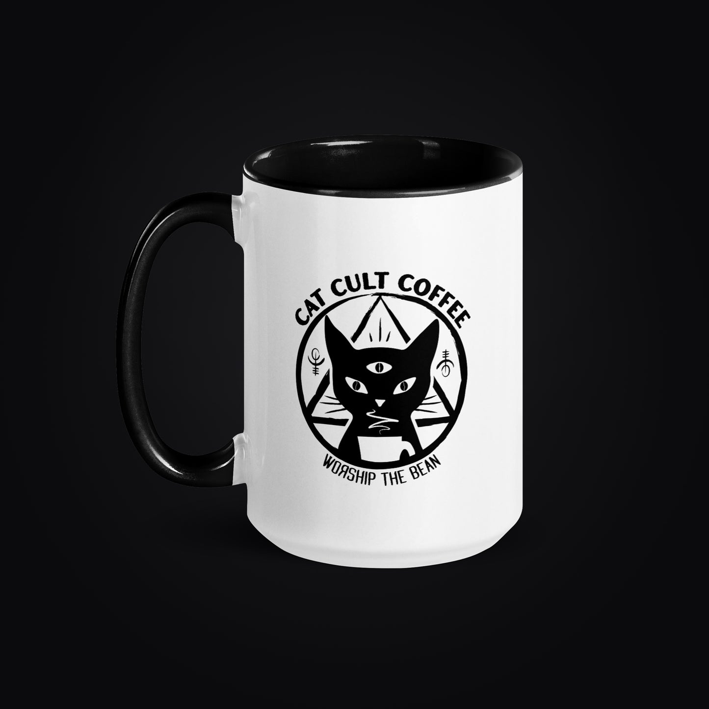 White mug with black interior and handle, featuring Cat Cult Coffee Classic Mark logo on a white background.