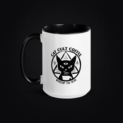 White mug with black interior and handle, featuring Cat Cult Coffee Classic Mark logo on a white background.
