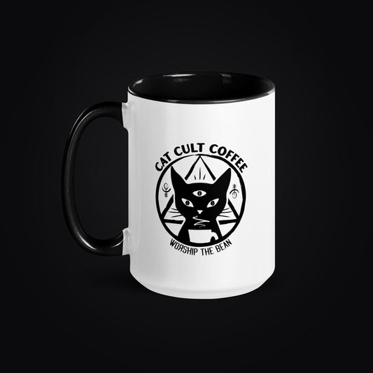 White mug with black interior and handle, featuring Cat Cult Coffee Classic Mark logo on a white background.