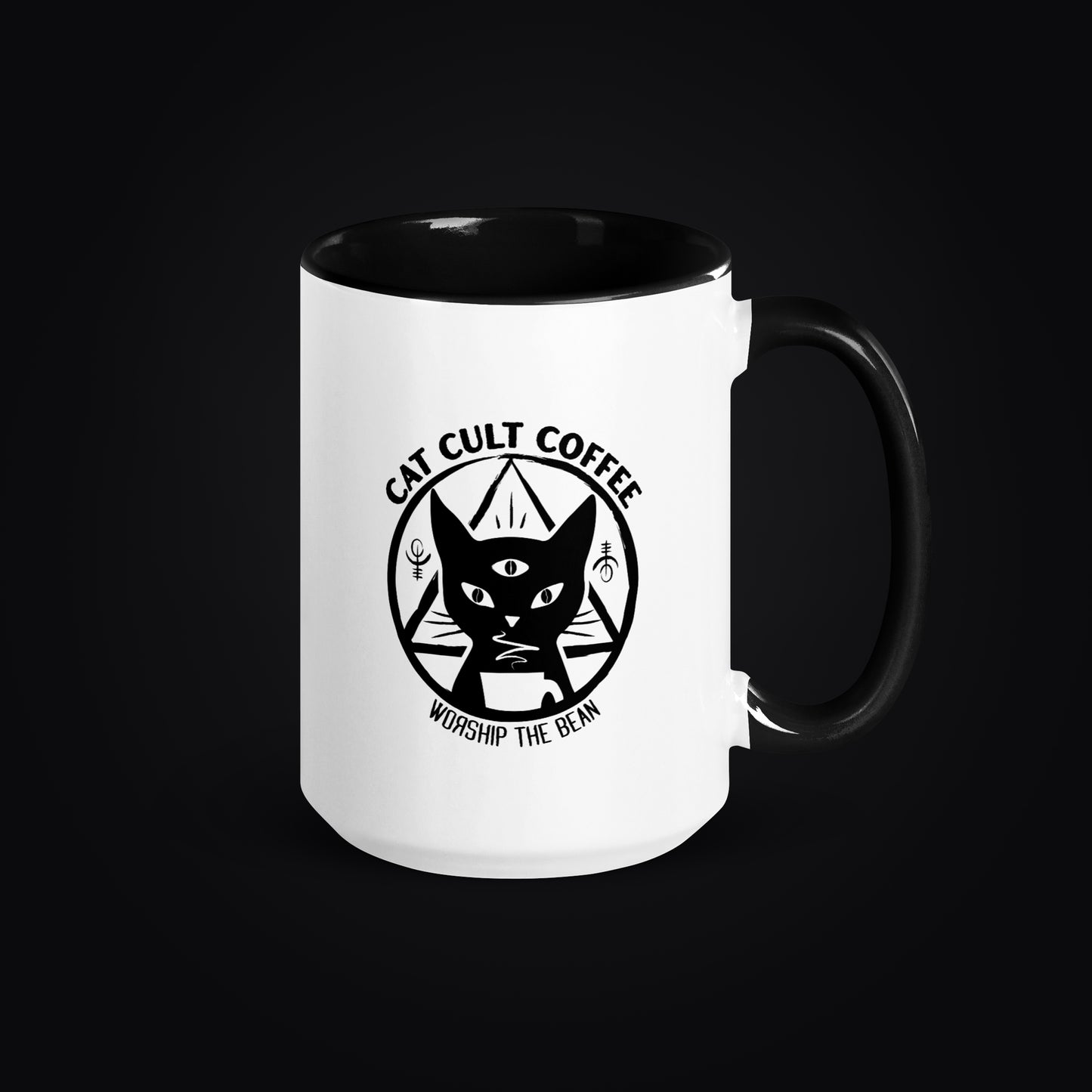 White mug with black interior and handle, featuring Cat Cult Coffee Classic Mark logo on a white background.