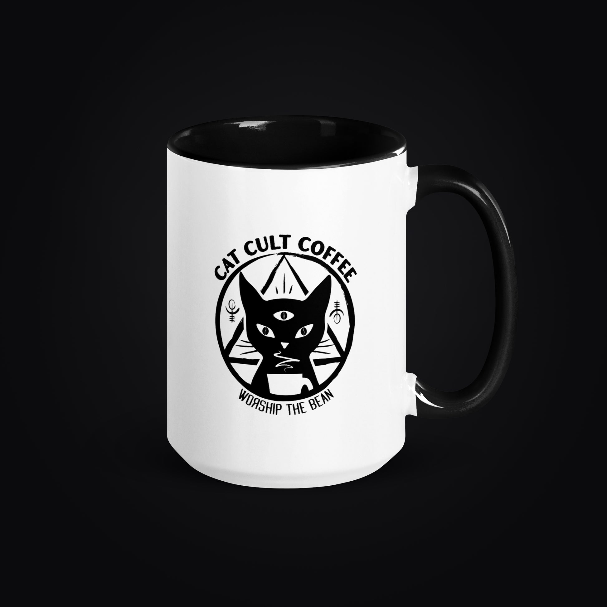 White mug with black interior and handle, featuring Cat Cult Coffee Classic Mark logo on a white background.