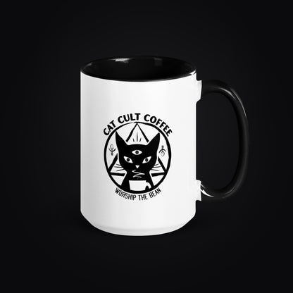 White mug with black interior and handle, featuring Cat Cult Coffee Classic Mark logo on a white background.