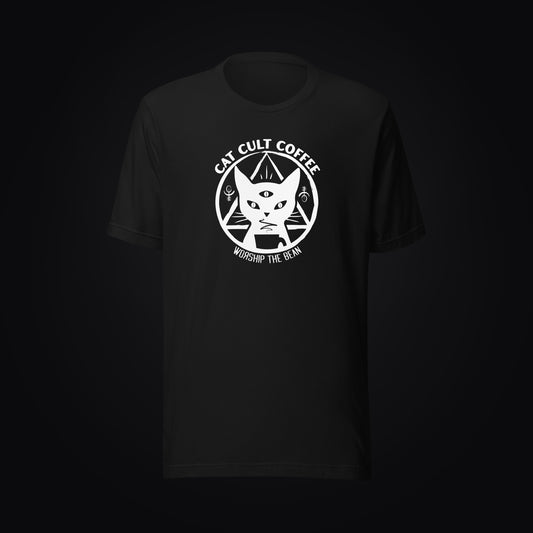 Black unisex t-shirt featuring the Cat Cult Coffee Classic Mark logo.