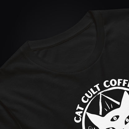 Close-up of black lightweight cotton fabric and printed Classic Mark design.