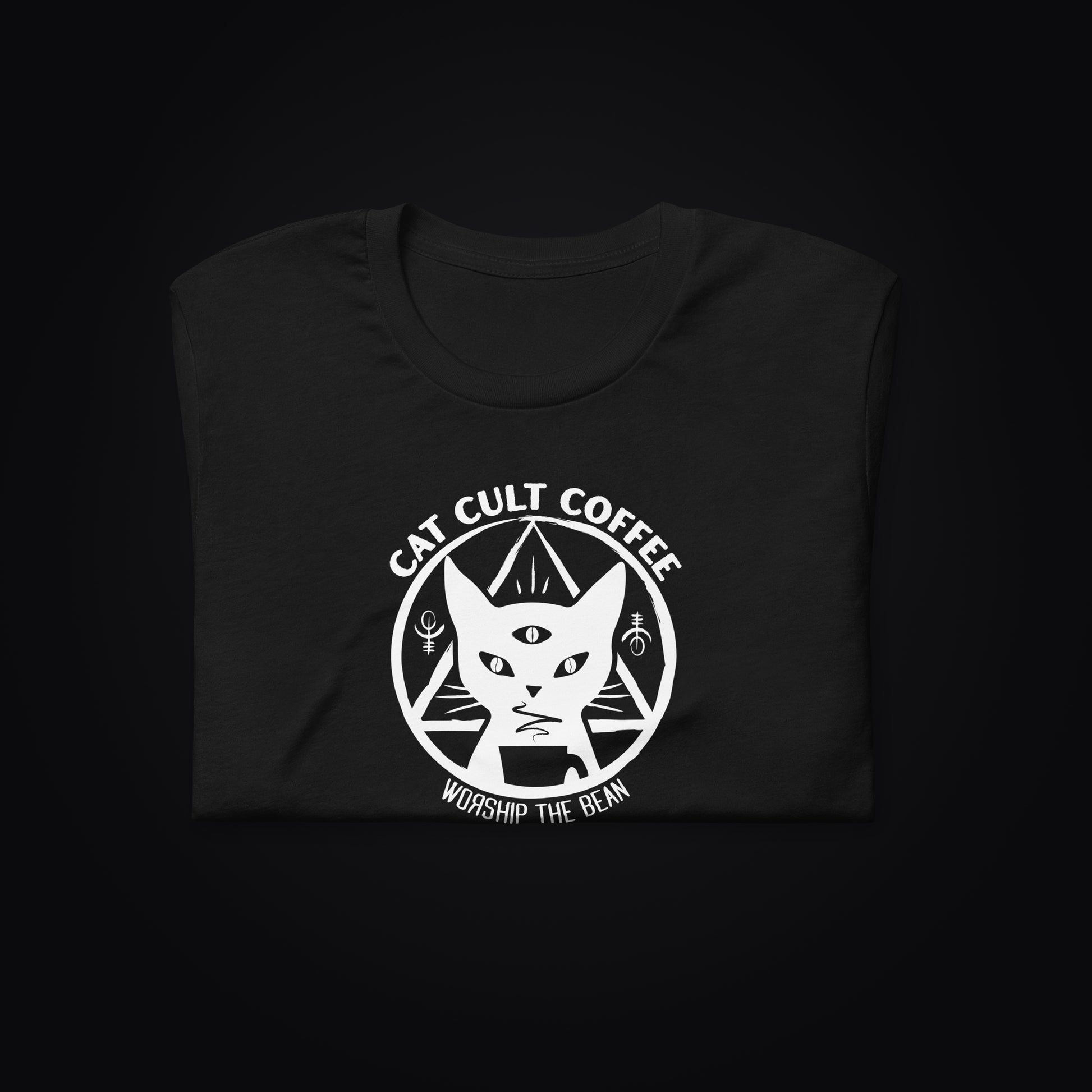 Folded black Cat Cult Coffee Classic Mark t-shirt.