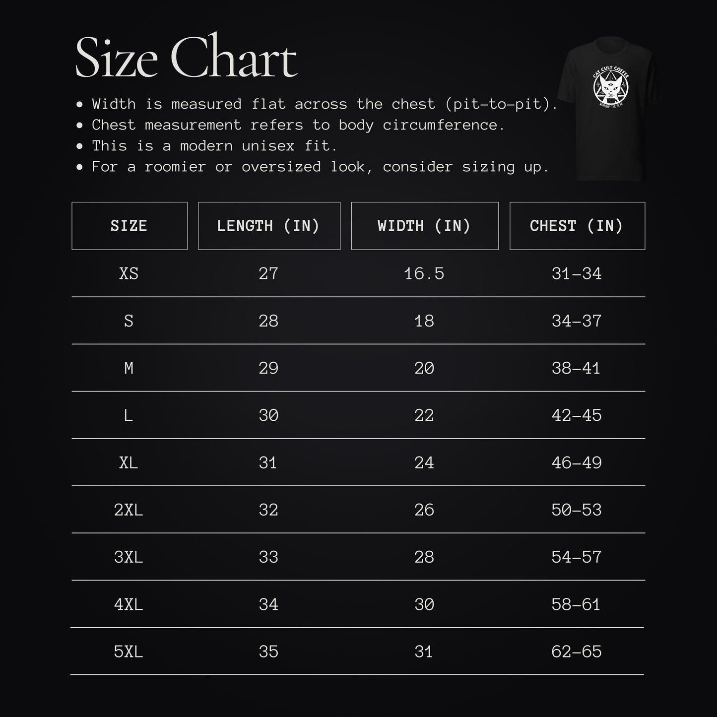 Size chart for Cat Cult Coffee Classic Mark unisex t-shirt with measurements in inches.