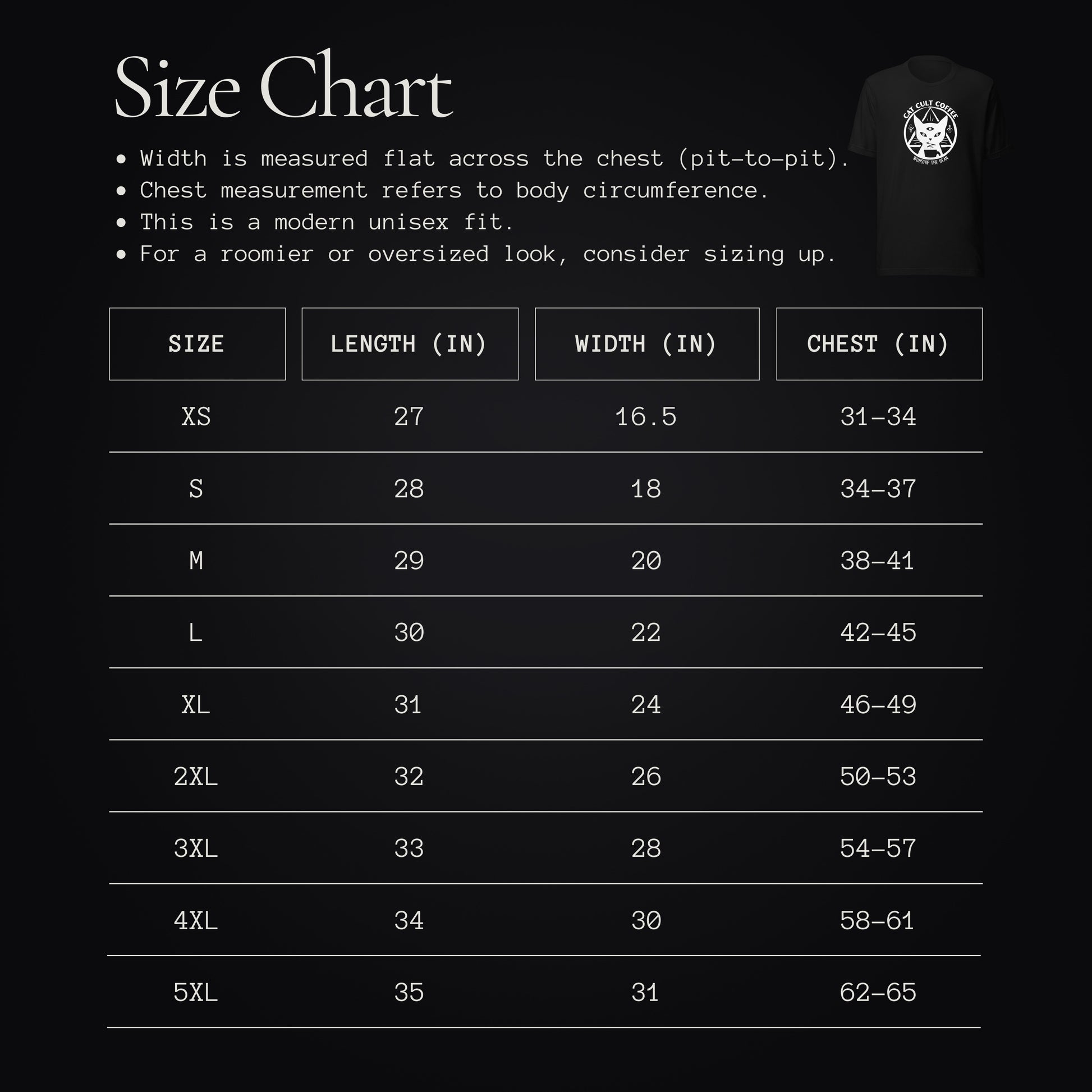Size chart for Cat Cult Coffee Classic Mark unisex t-shirt with measurements in inches.