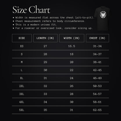 Size chart for Cat Cult Coffee Classic Mark unisex t-shirt with measurements in inches.