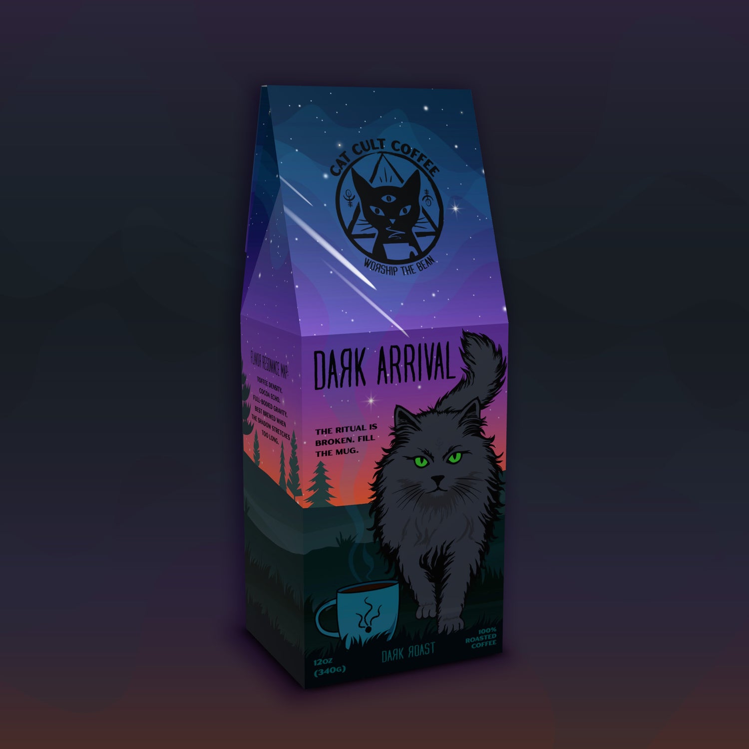 Dark Arrival dark roast specialty coffee by Cat Cult Coffee. Packaging displays a black cat with coffee in an eerie night landscape.
