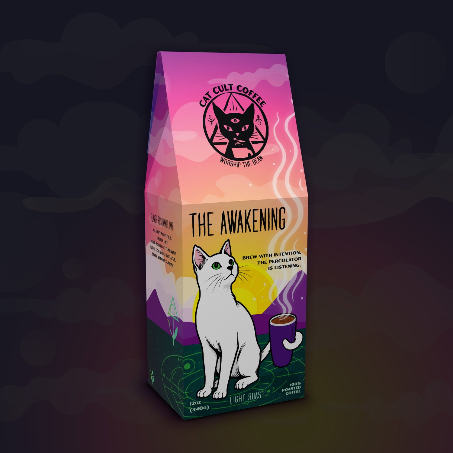 The Awakening light roast specialty coffee by Cat Cult Coffee. The blend packaging shows a white cat illustration on a surreal landscape background.