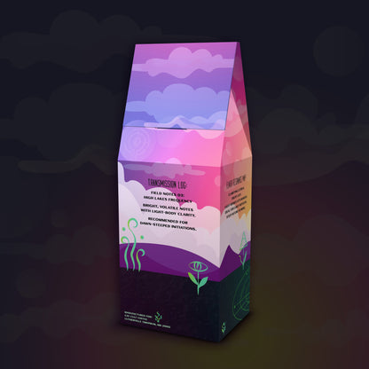 Back angled view of The Awakening light roast coffee packaging with bright artwork and blend details.