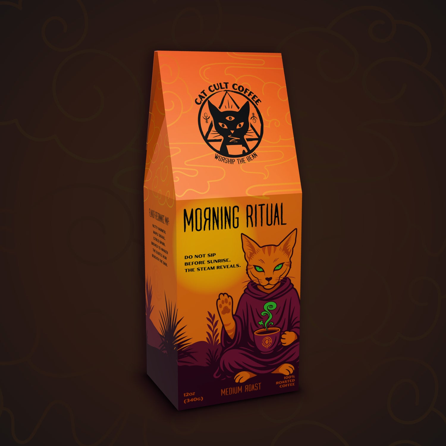 Morning Ritual medium roast specialty coffee by Cat Cult Coffee. Packaging shows an orange cat with a coffee in front of an orange desert landscape.